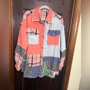 NWT BLUE VELVET CORAL PATCHWORK CORDUROY MIXED FABRIC RAW HEMS SHACKET SZ SMALL
